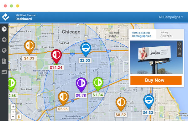 media buying software depicting billboard placements in Chicago, IL metro area