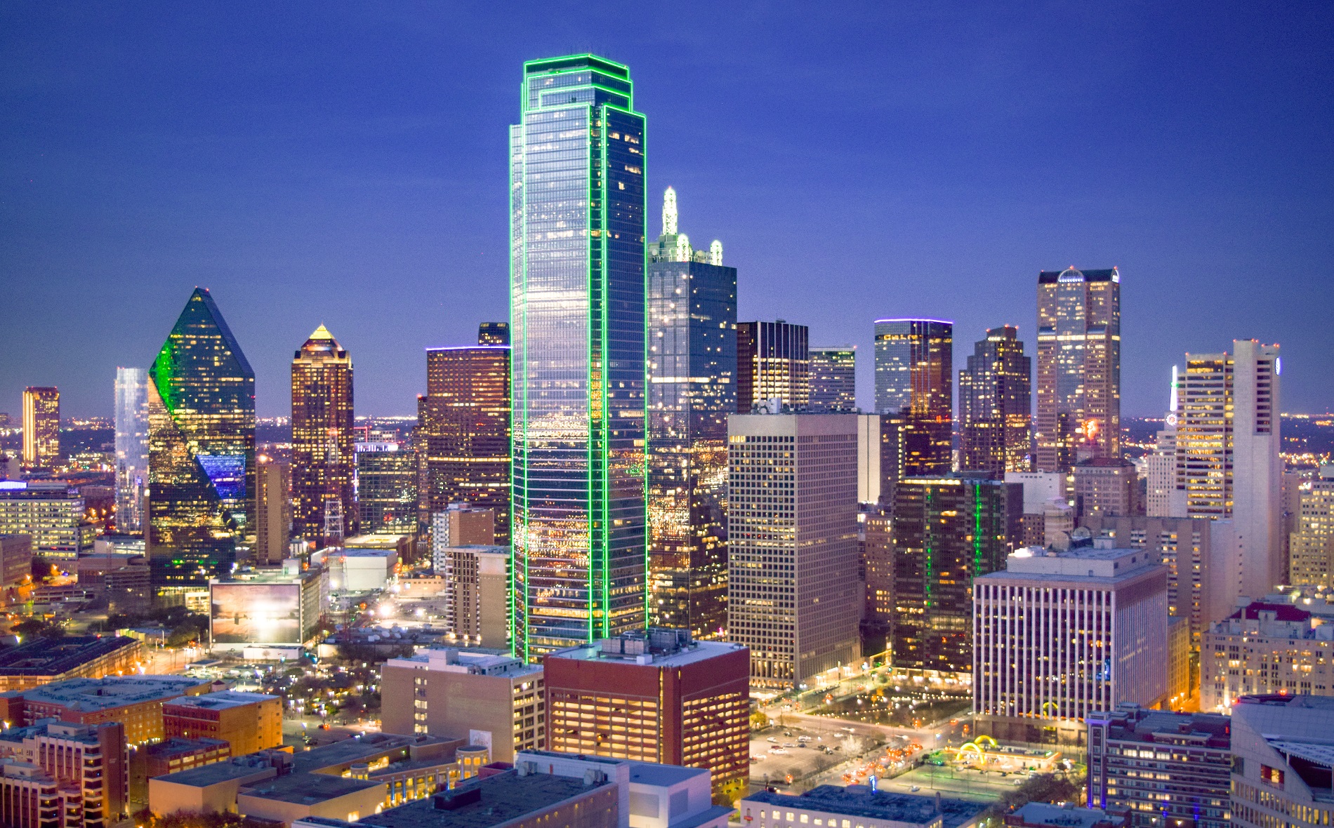 Aerial View of Downtown Dallas at Dusk